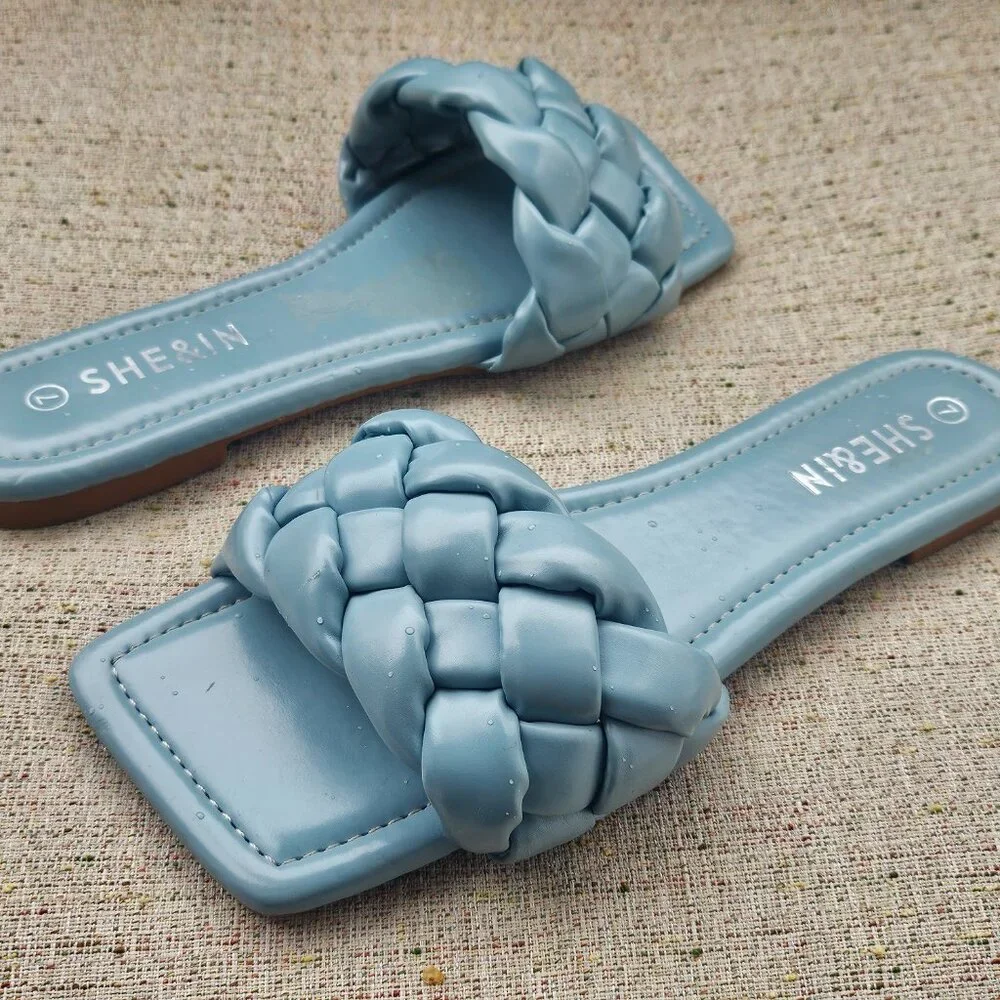 SHE&IN Women's Flat Braided Strap Slipper Blue Faux Leather Sandal Shoe Size 7 - Picture 2 of 9
